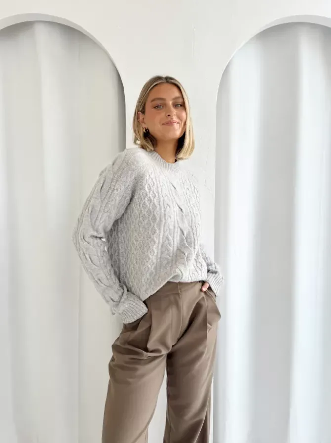 BLVD. the label Knits>Murphy Merino Cable Knit - Grey Marle