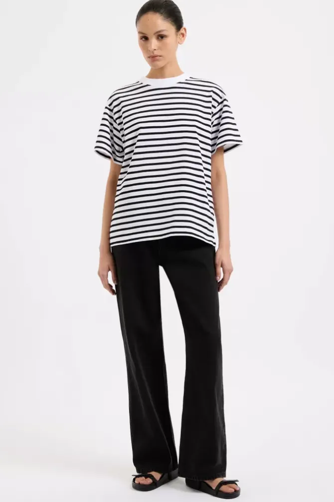 Nude Lucy Tops>Organic Stripe Boyfriend Tee - Black Stripe